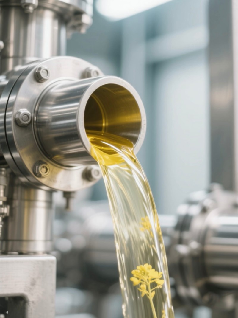 Golden canola oil being poured for commercial food applications